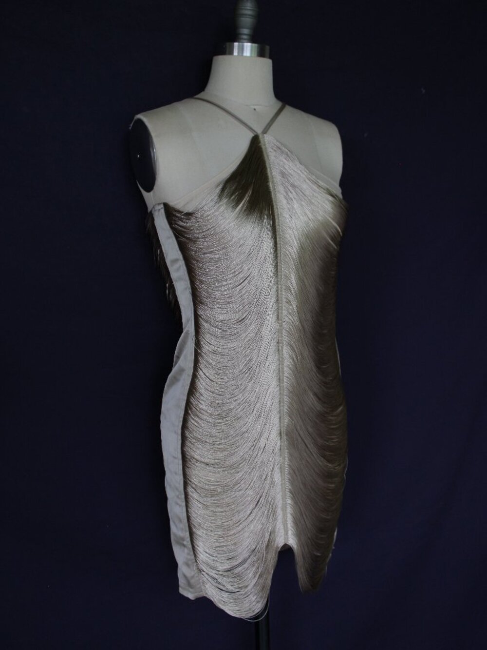 MEW MEWS Bluma Halter neck Fringe Gatspy flapper Mini Dress olive gold NWT S - Picture 6 of 12